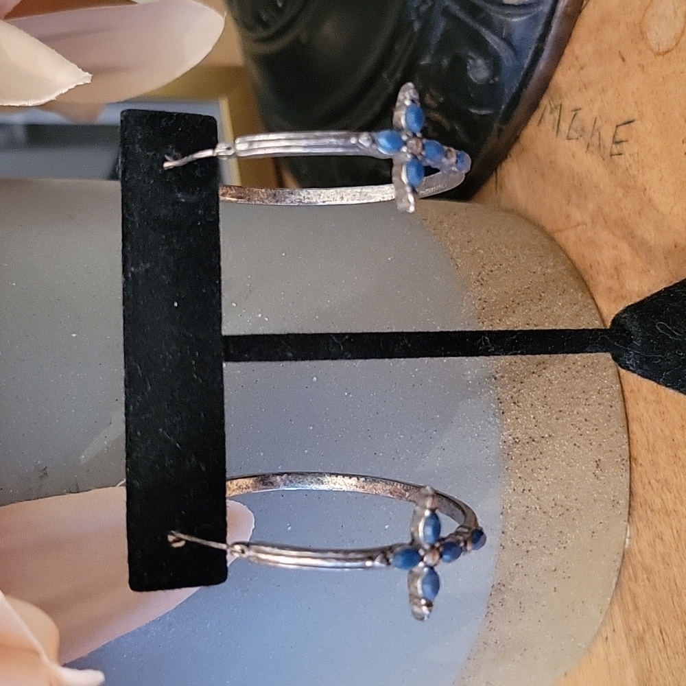 Lucky Silver Blue Stone Cross Hoops